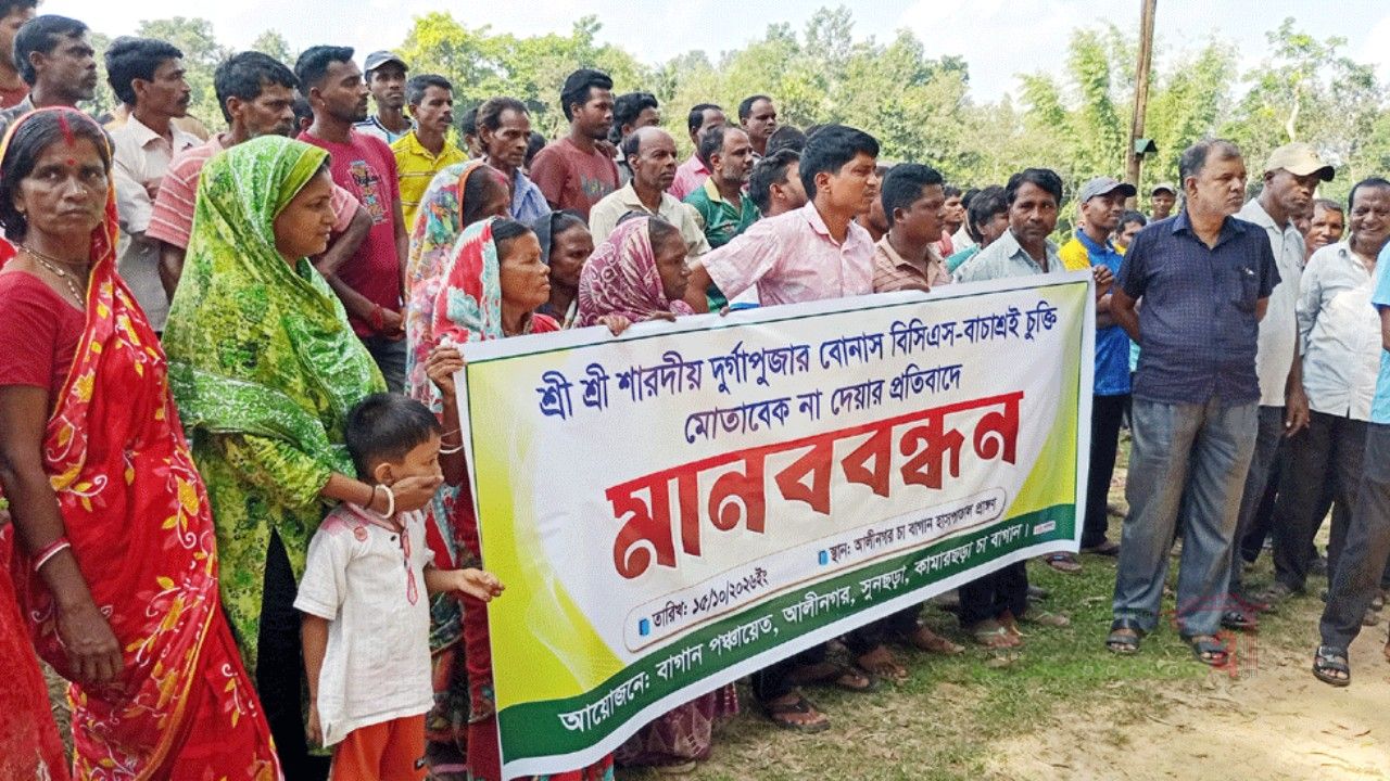 পূজায় বোনাস না পাওয়ায় আন্দোলনে চা বাগান শ্রমিকরা